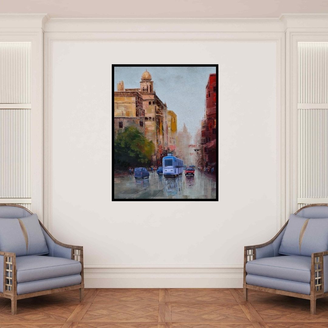 In-situ view of Purnendu Mandal's 'After Rain In Kolkata 2' painting in a room