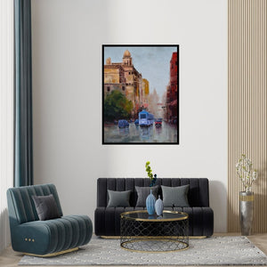 Preview of 'After Rain In Kolkata 2' Painting by Purnendu Mandal shown on a wall in a furnished room.