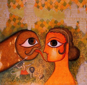 Agni 2021 (Eternal Embrace) by Meenakshi Jha Banerjee, Original Acrylic Figurative Painting on Canvas, Medium Square Wall Art