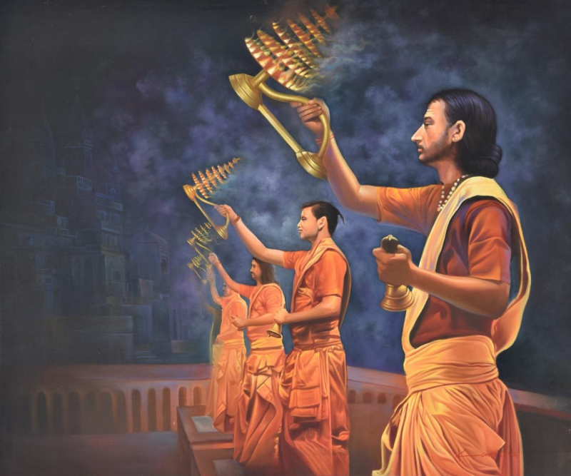 Agni Arti' religious oil painting by artist Kamal Rao, 45x37 inch, on canvas