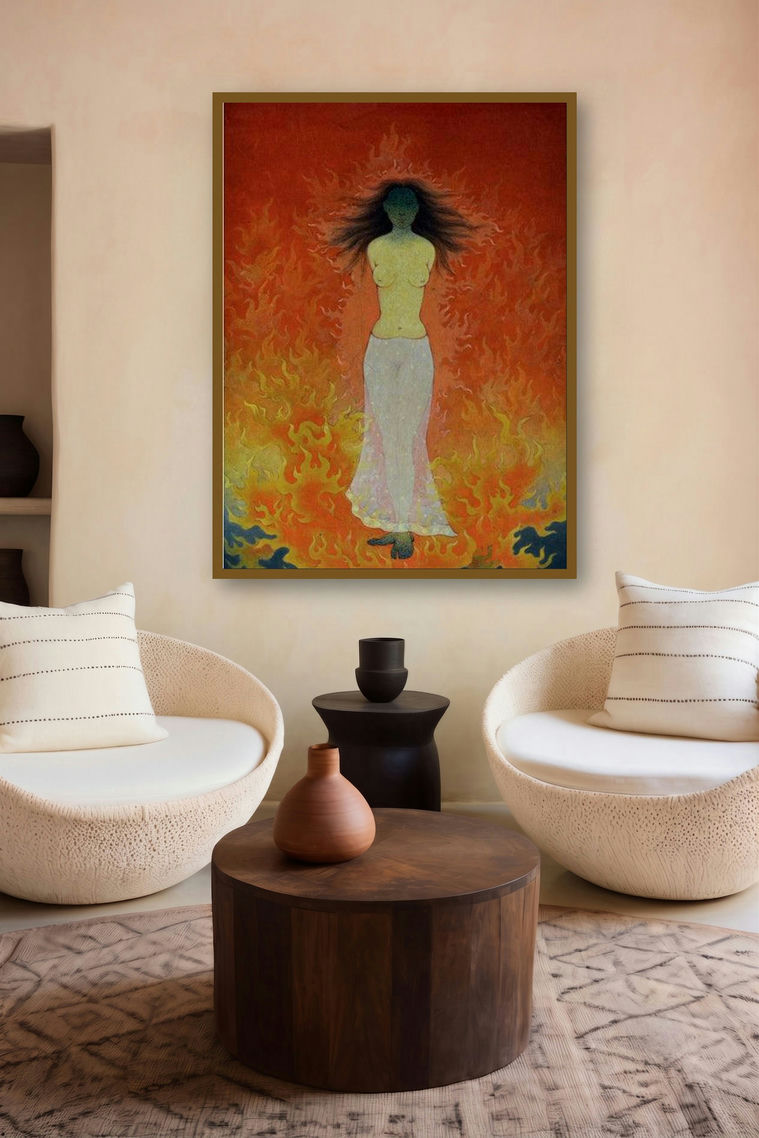 Agni Pariksha by artist Ram Prasad Halder displayed in a Minimalist gallery