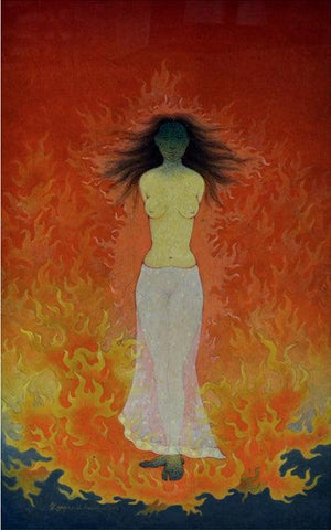 Agni Pariksha by Ram Prasad Halder, Original Tempera Fantasy Painting on Canvas, Medium Vertical Wall Art