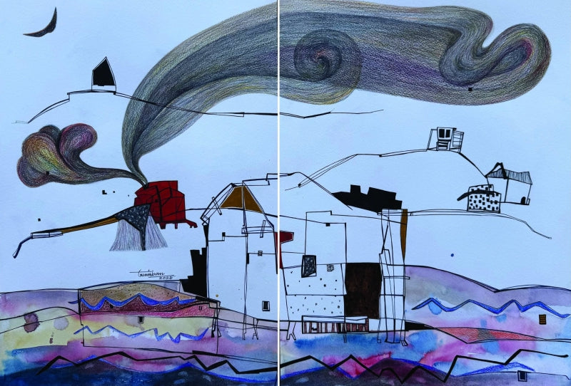 Agnisakshi (Diptych)' contemporary pen-ink painting by artist Anirban Dhar, 16x23 inch, on paper