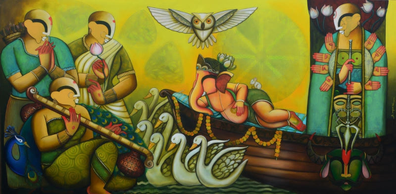 Agomoni' religious acrylic painting by artist Anupam Pal, 48x96 inch, on canvas