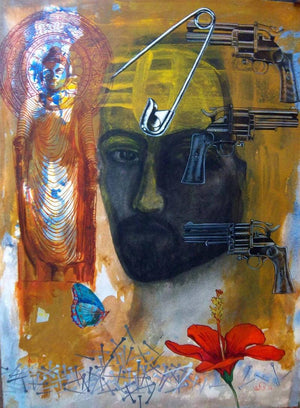 Religious mixed media painting titled 'Agonising Christ 1', 30x22 inches, by artist Avi Roy on Arches Paper