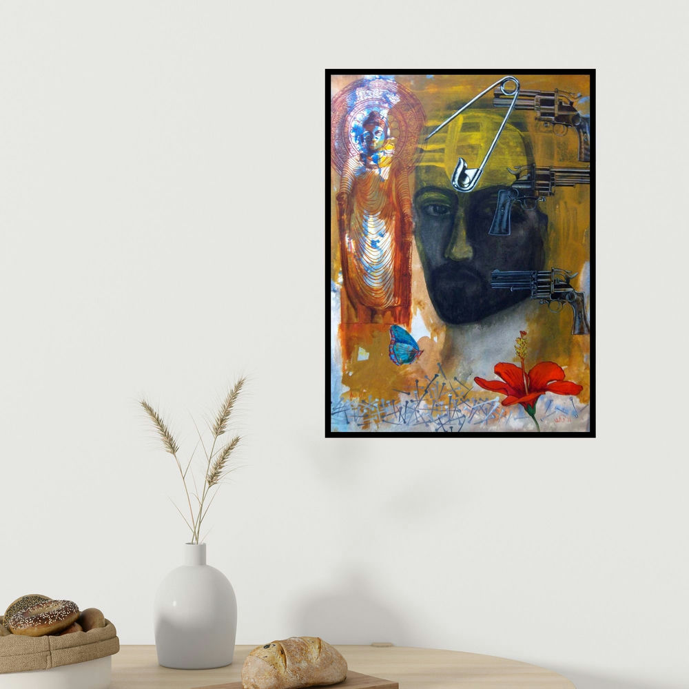 Avi Roy's 'Agonising Christ 1 (Inner Conflict)' painting visualized above a sofa in a contemporary room.