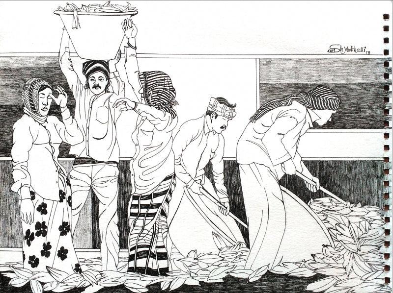 Figurative ink drawing titled 'Agriculture 2', 9x12 inches, by artist Satish Multhalli on Canson Paper