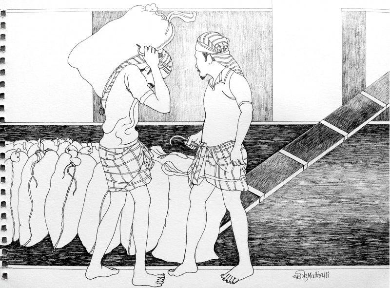 Figurative ink drawing titled 'Agriculture', 9x12 inches, by artist Satish Multhalli on Canson Paper