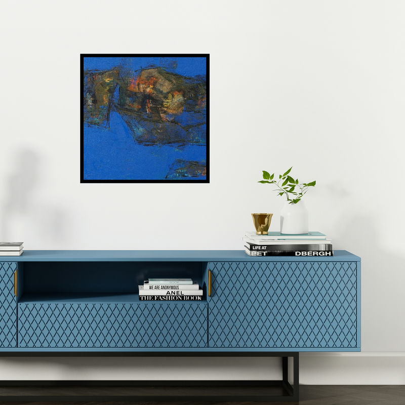 Preview of 'Agyaat Blue One (Midnight Sea)' Painting by Ashwini Borse shown on a wall in a furnished room.