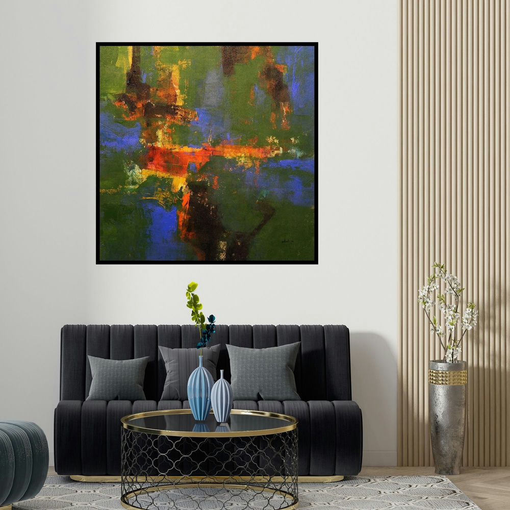 Ashwini Borse's 'Agyaat Green Four (Hidden Depths)' painting visualized above a sofa in a contemporary room.