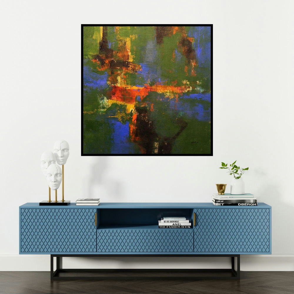 'Agyaat Green Four (Hidden Depths)' painting by Ashwini Borse shown on a wall in a furnished room.