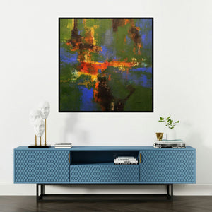 'Agyaat Green Four (Hidden Depths)' painting by Ashwini Borse shown on a wall in a furnished room.