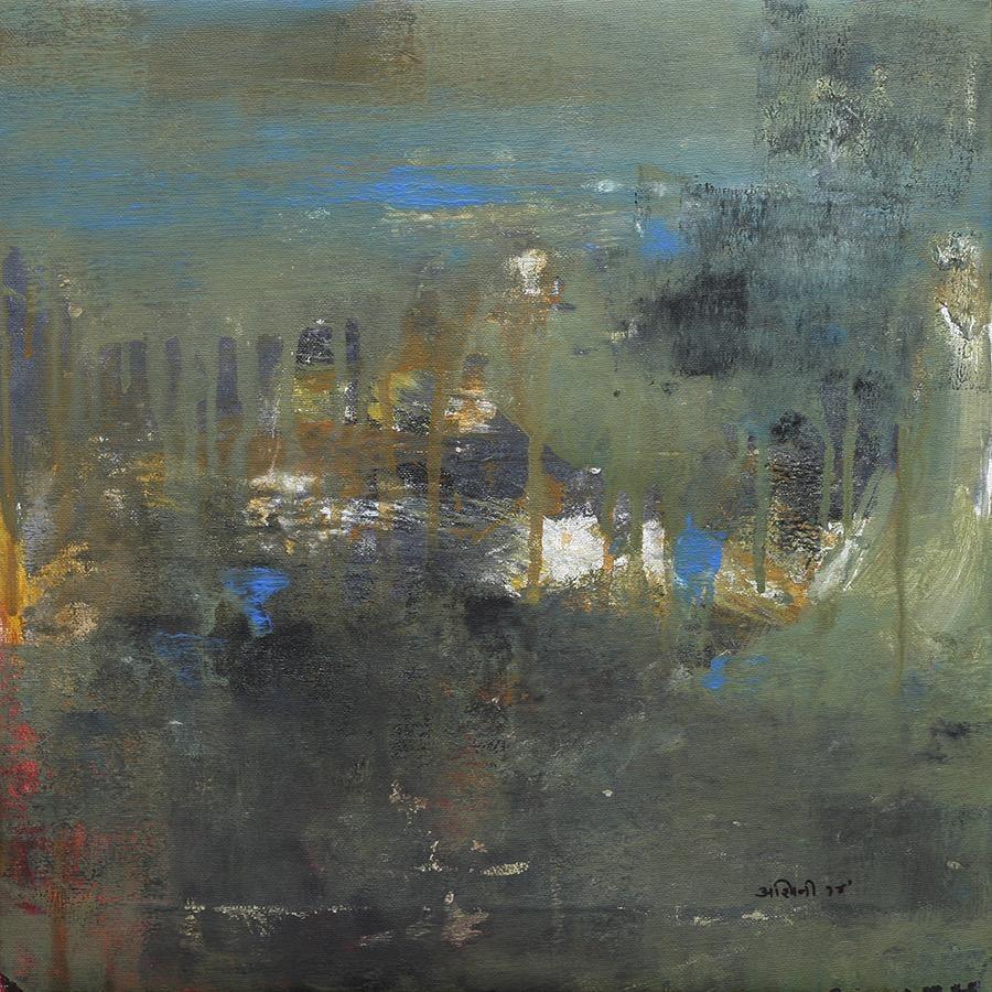 Abstract acrylic painting titled 'Agyaat Green Two', 18x18 inches, by artist Ashwini Borse on Canvas