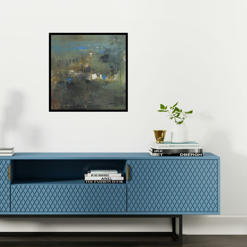 Preview of 'Agyaat Green Two (Hidden Depths)' Painting by Ashwini Borse shown on a wall in a furnished room.