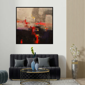 Ashwini Borse's 'Agyaat Grey One (Crimson Horizon)' painting visualized above a sofa in a contemporary room.