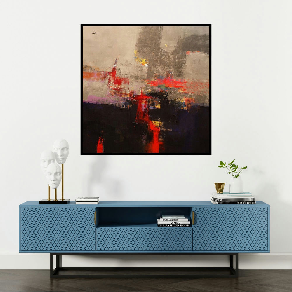 'Agyaat Grey One (Crimson Horizon)' painting by Ashwini Borse shown on a wall in a furnished room.