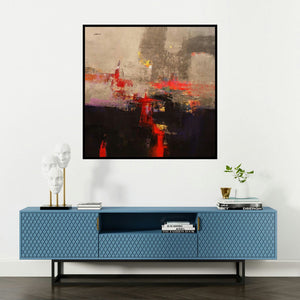 'Agyaat Grey One (Crimson Horizon)' painting by Ashwini Borse shown on a wall in a furnished room.