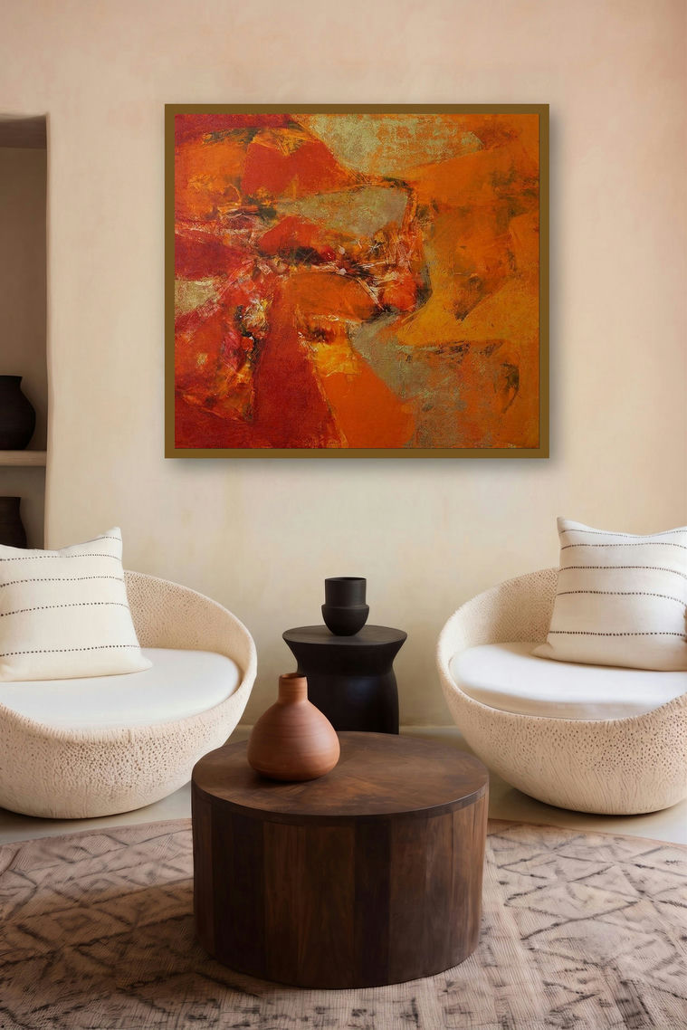 Agyaat Red (Fiery Embrace) by artist Ashwini Borse displayed in a Curated gallery