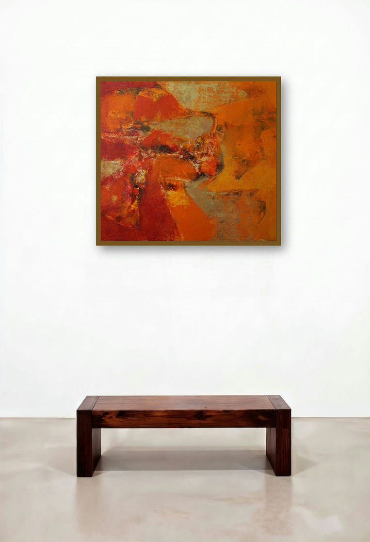 Agyaat Red (Fiery Embrace) by artist Ashwini Borse displayed in a Modern Hotel Suite