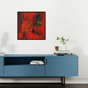 Preview of 'Agyaat Red One (Crimson Currents)' Painting by Ashwini Borse shown on a wall in a furnished room.