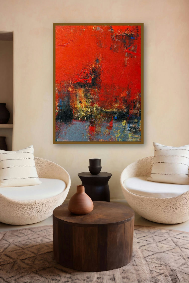 Agyaat Red Three (Crimson Blaze) by artist Ashwini Borse displayed in a Indian Art gallery