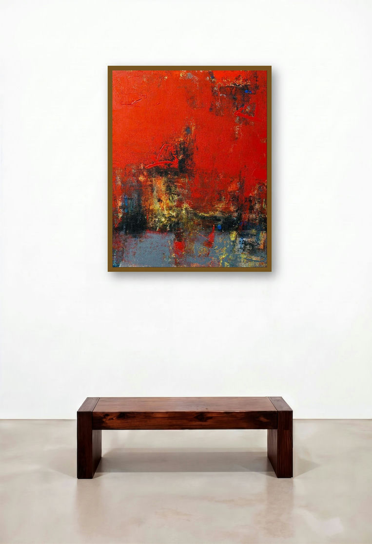 Agyaat Red Three (Crimson Blaze) by artist Ashwini Borse displayed in a Scandinavian Hallway