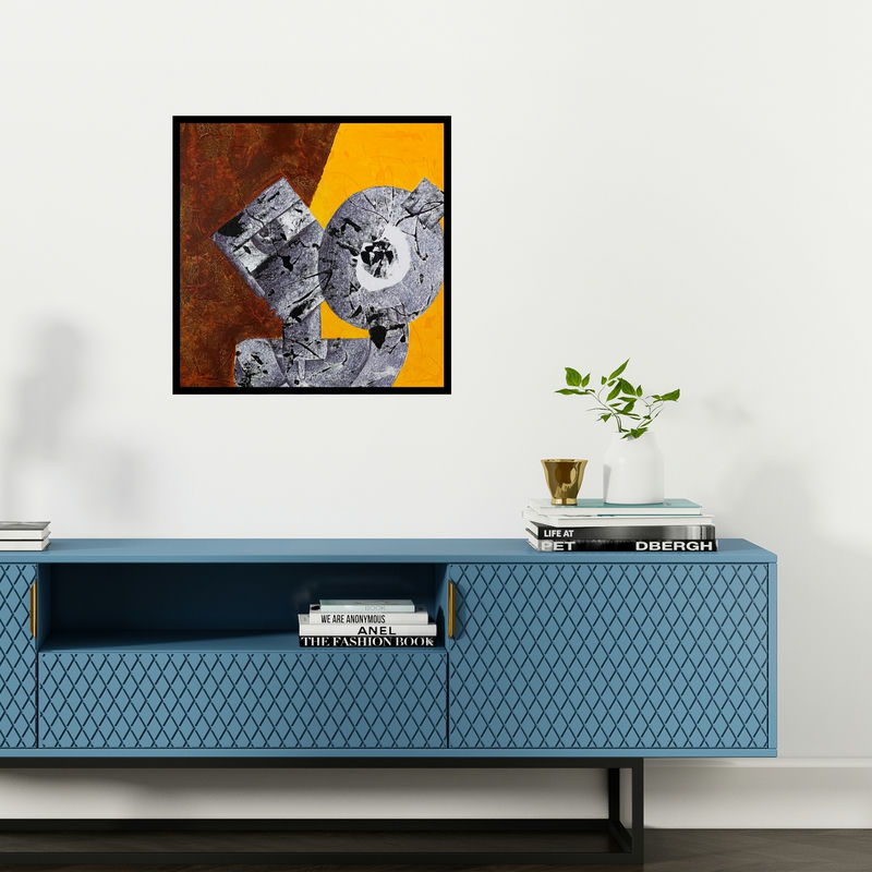 Preview of 'Agyaat Yellow Two (Serene Tranquility)' Painting by Ashwini Borse shown on a wall in a furnished room.