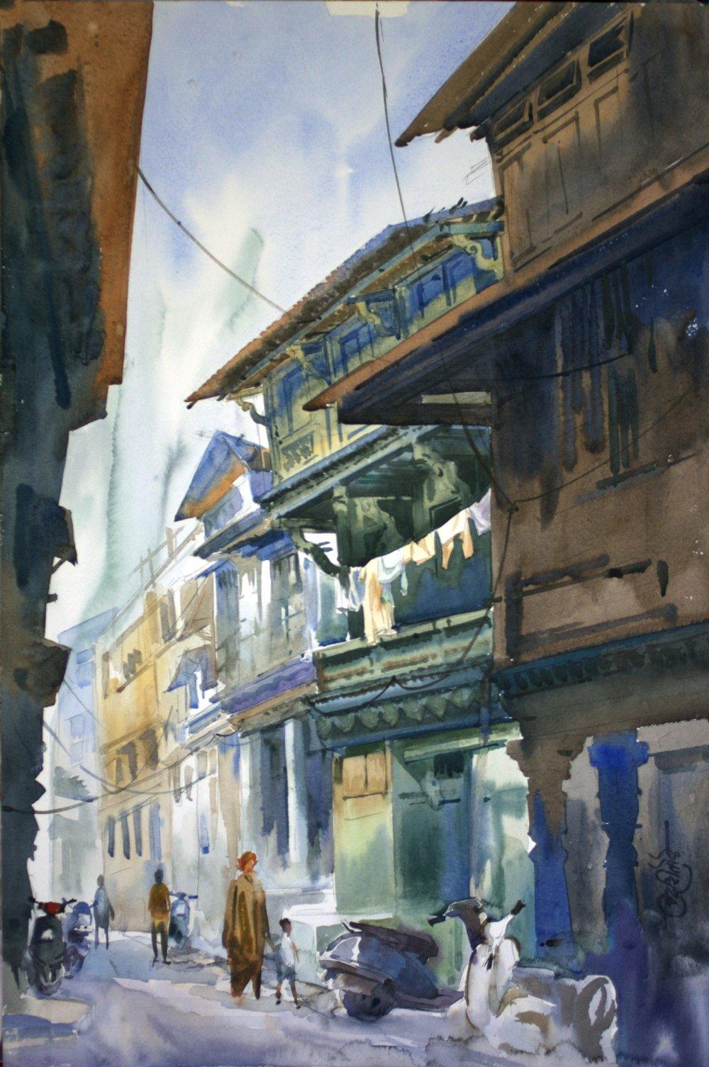 Landscape watercolor painting titled 'Ahemadabad Street 2', 15x22 inches, by artist Vikrant Shitole on Paper