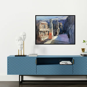 Preview of 'Ajanta Ellora' Painting by Bijay Biswaal shown on a wall in a furnished room.