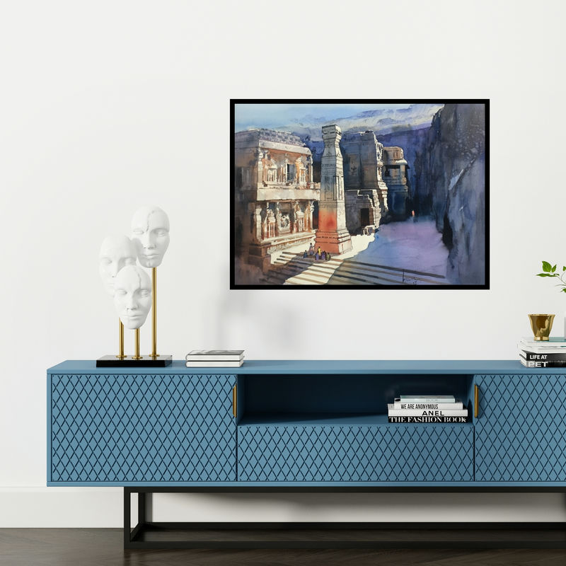 Preview of 'Ajanta Ellora' Painting by Bijay Biswaal shown on a wall in a furnished room.