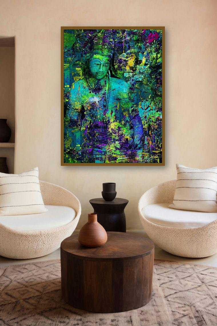 Ajanta Lord Buddha (Green Tara) (Emerald Buddha) by artist Anil Kumar displayed in a Luxury gallery