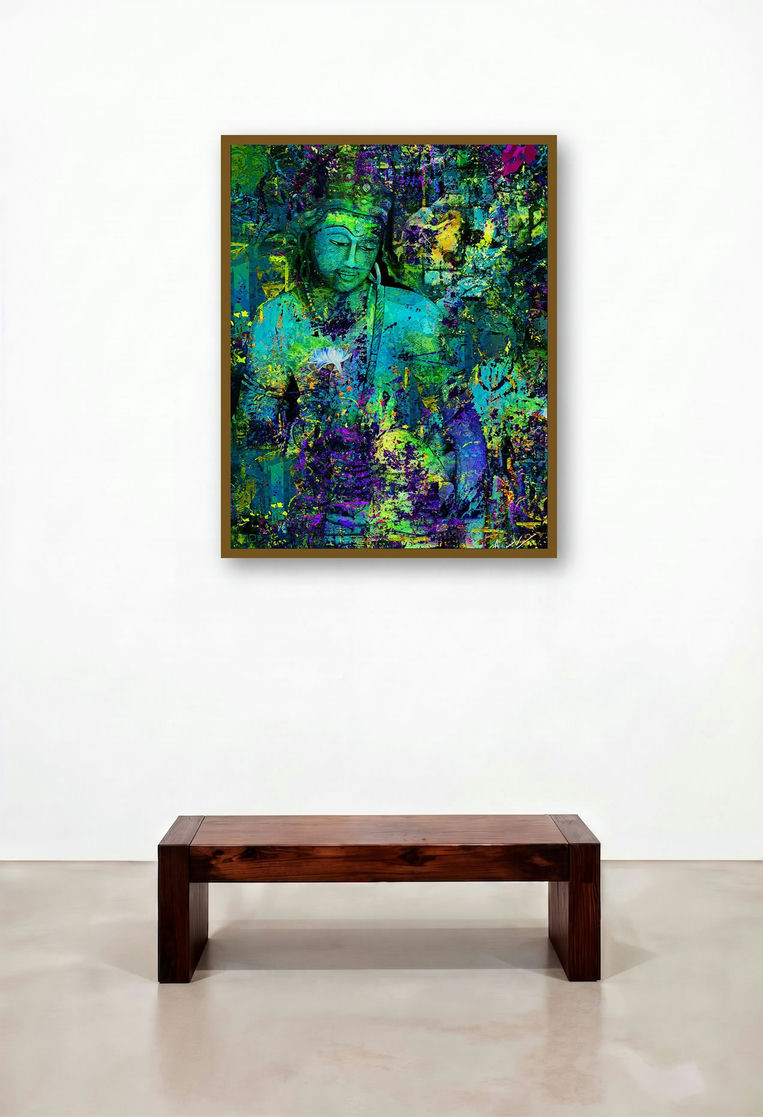 Ajanta Lord Buddha (Green Tara) (Emerald Buddha) by artist Anil Kumar displayed in a Art Deco Foyer