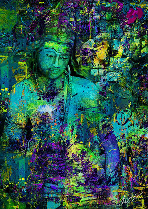 Ajanta Lord Buddha (Green Tara) (Emerald Buddha) by Anil Kumar, Original Mixed Media Religious Painting on Canvas, Large Vertical Wall Art