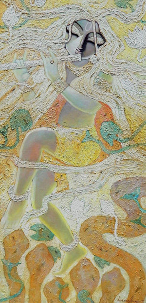 Ajaya (Enchanting Flute) by Subrata Ghosh, Original Acrylic Figurative Painting on Canvas, Medium Vertical Wall Art
