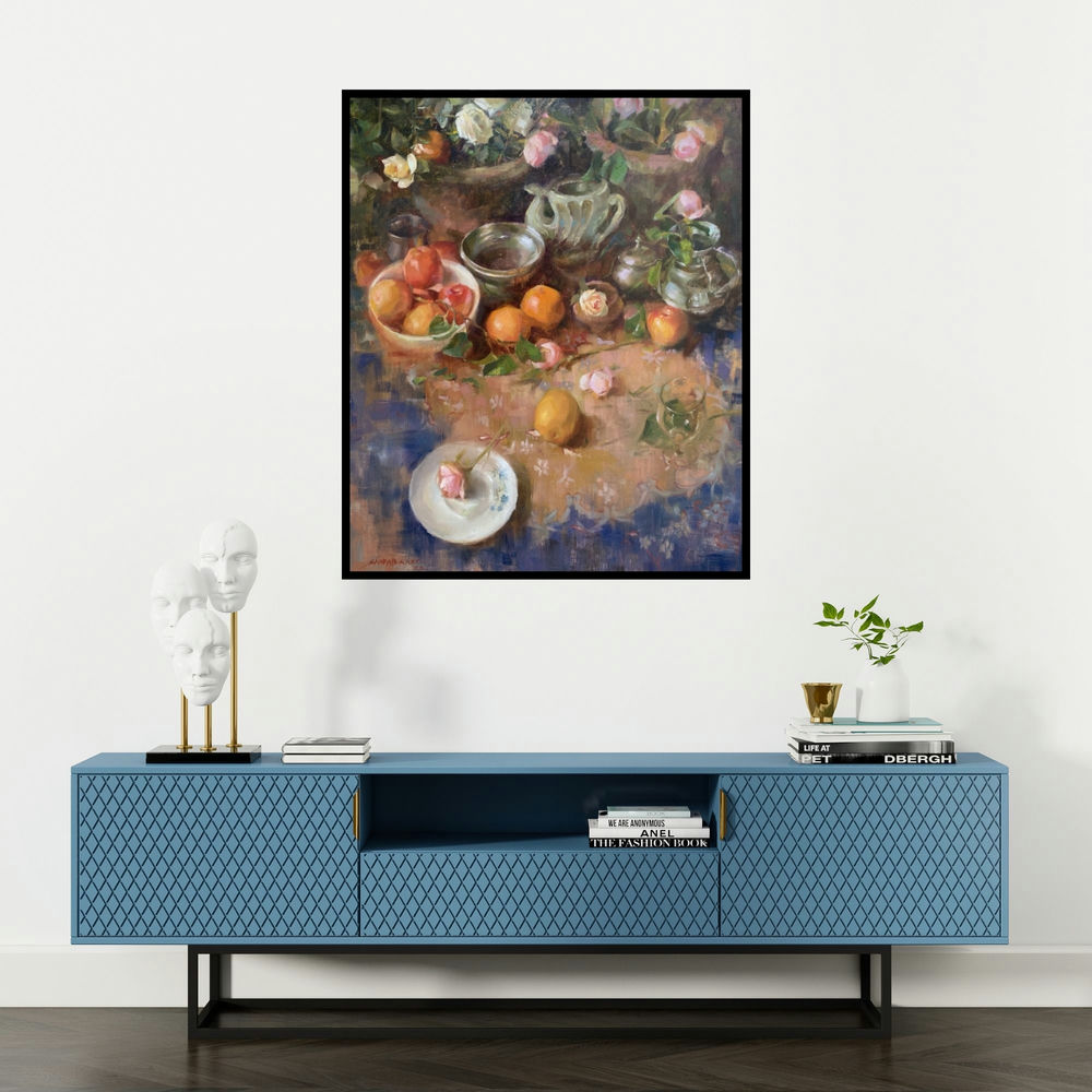 Shadab Kazi's 'Akhlaq (Still Life with Roses and Fruit)' painting visualized above a sofa in a contemporary room.