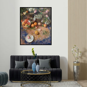 'Akhlaq (Still Life with Roses and Fruit)' painting by Shadab Kazi shown on a wall in a furnished room.