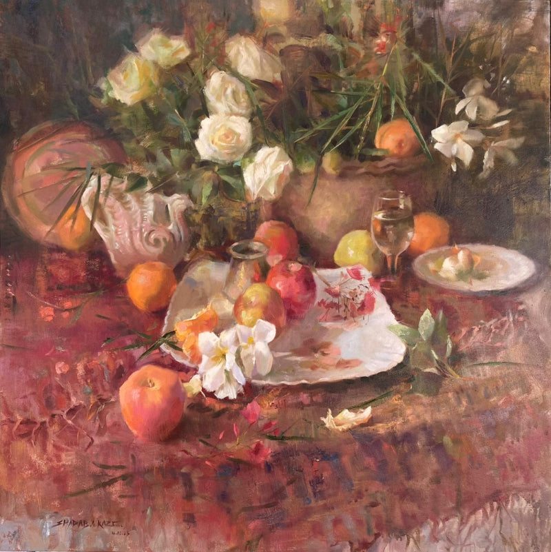 'Akhlaq 2' still-life oil painting by artist Shadab Kazi, 36x36 inch, on canvas