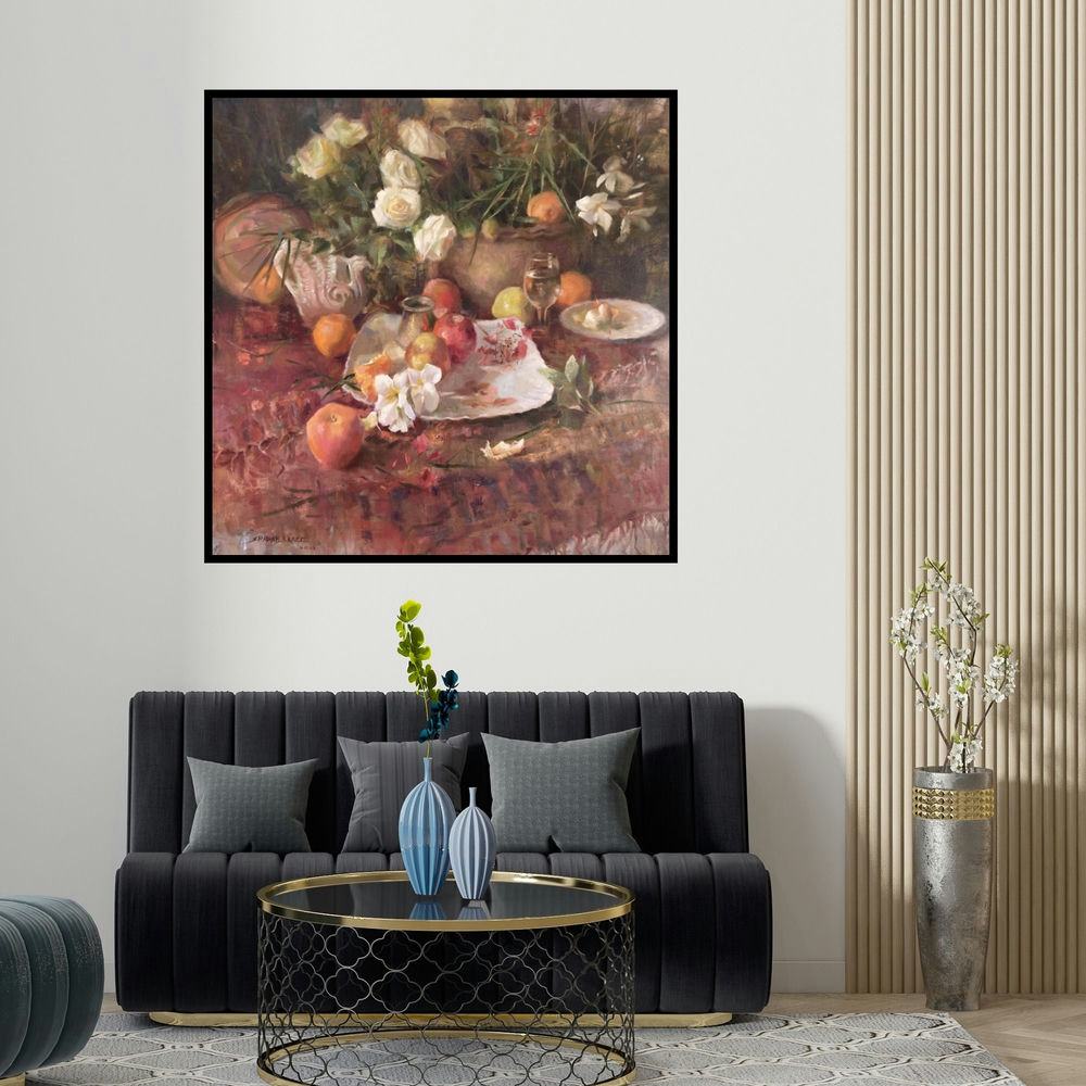 Shadab Kazi's 'Akhlaq 2 (Still Life with Fruit and Flowers)' painting visualized above a sofa in a contemporary room.