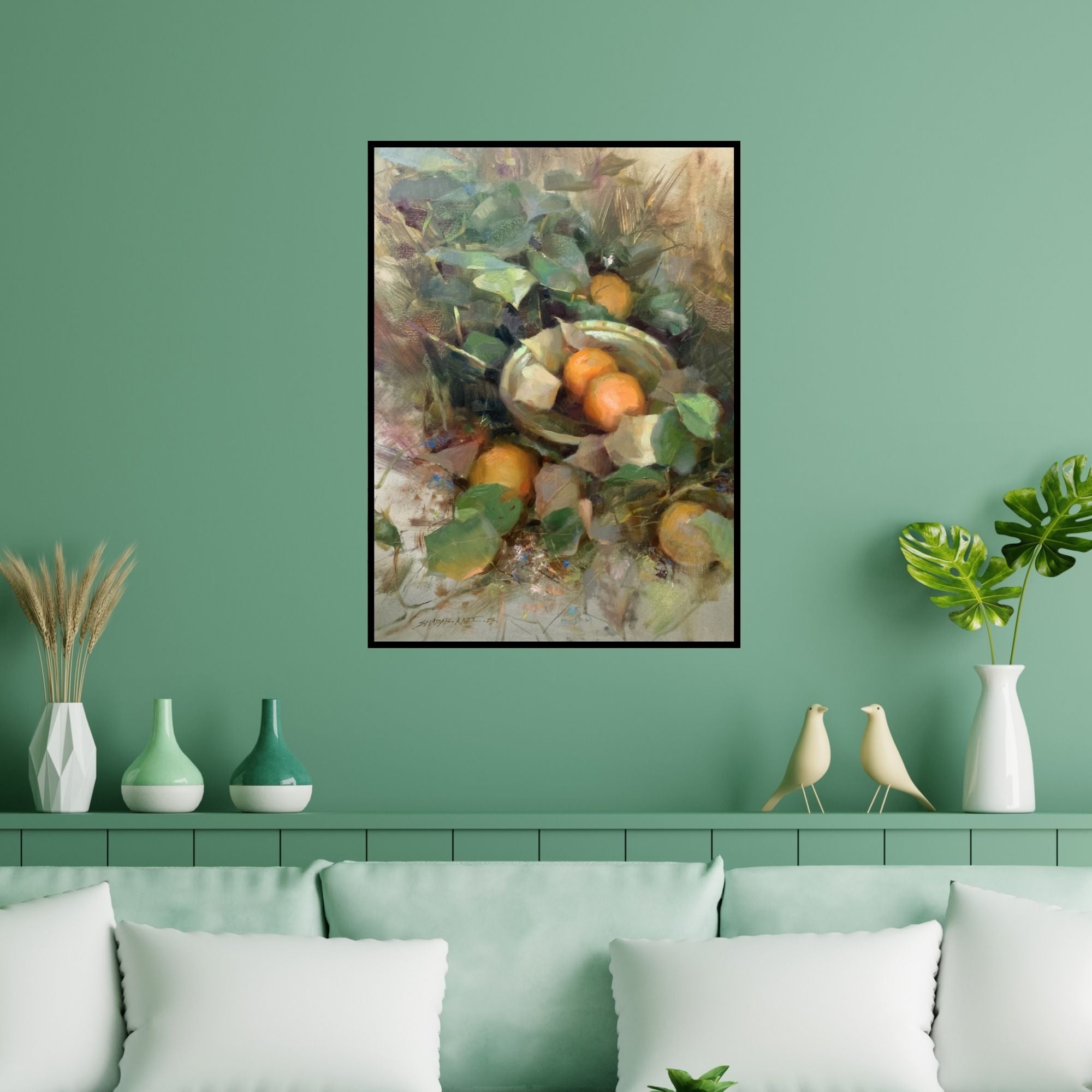 Preview of 'Akhlaq (Golden Harvest)' Painting by Shadab Kazi shown on a wall in a furnished room.