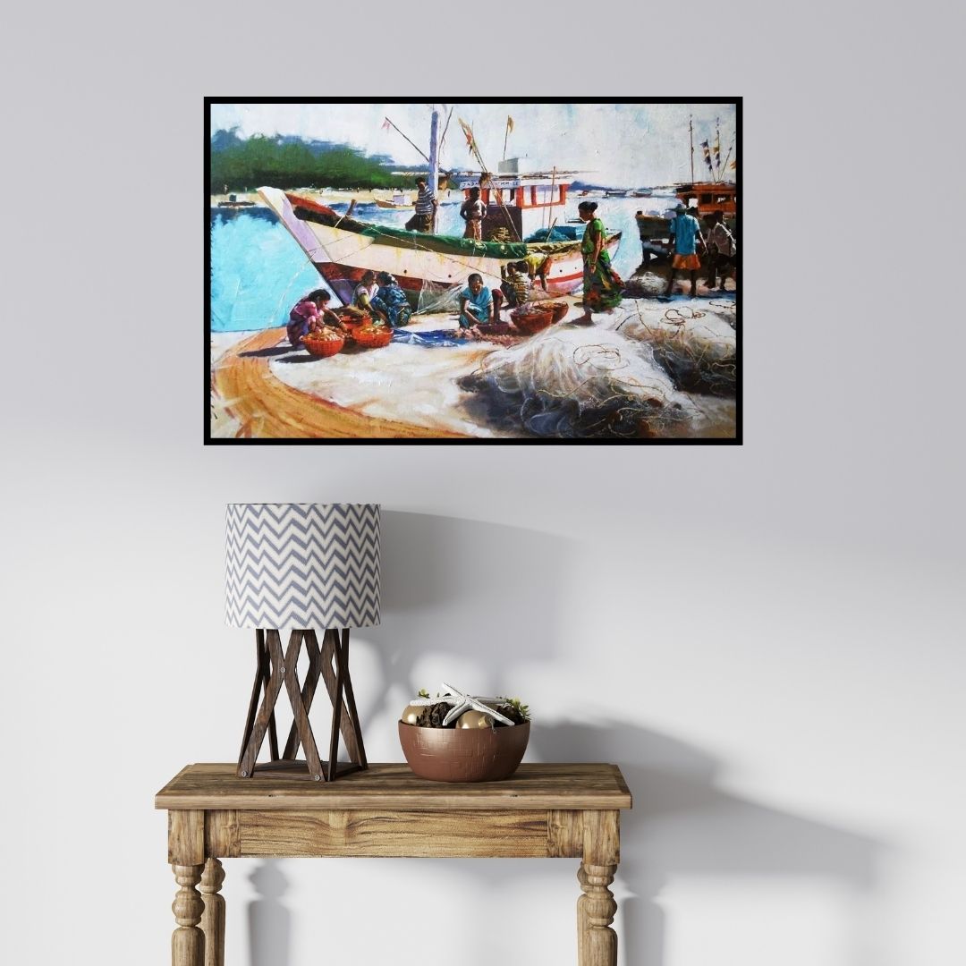 In-situ view of Jitendra Gaikwad's 'Alibag Bunder' painting in a room