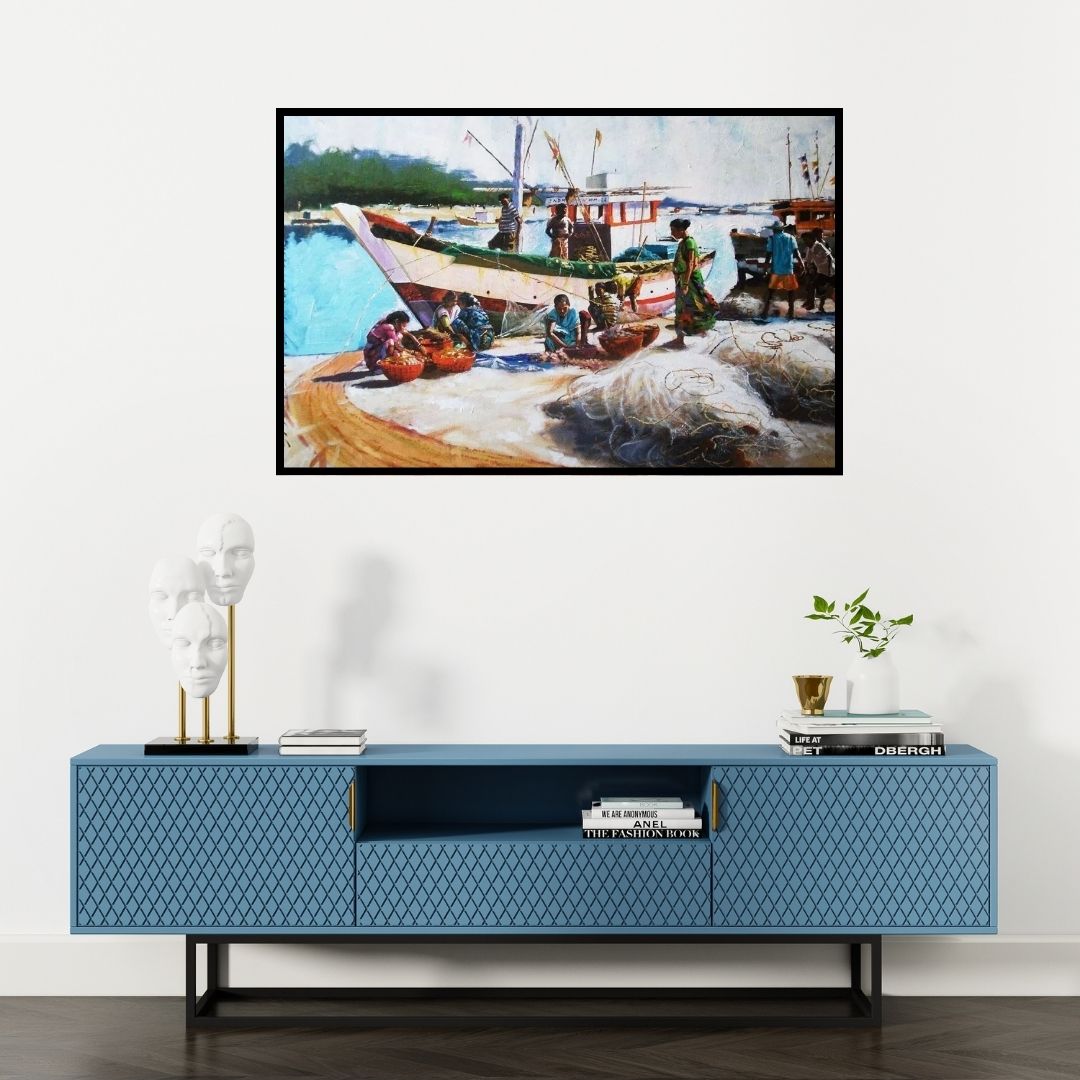 Preview of 'Alibag Bunder' Painting by Jitendra Gaikwad shown on a wall in a furnished room.