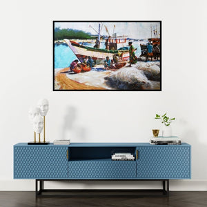 Preview of 'Alibag Bunder' Painting by Jitendra Gaikwad shown on a wall in a furnished room.