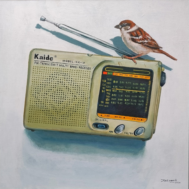 All India Radio' still-life acrylic painting by artist Srinivasa Ram Makineedi, 18x18 inch, on canvas