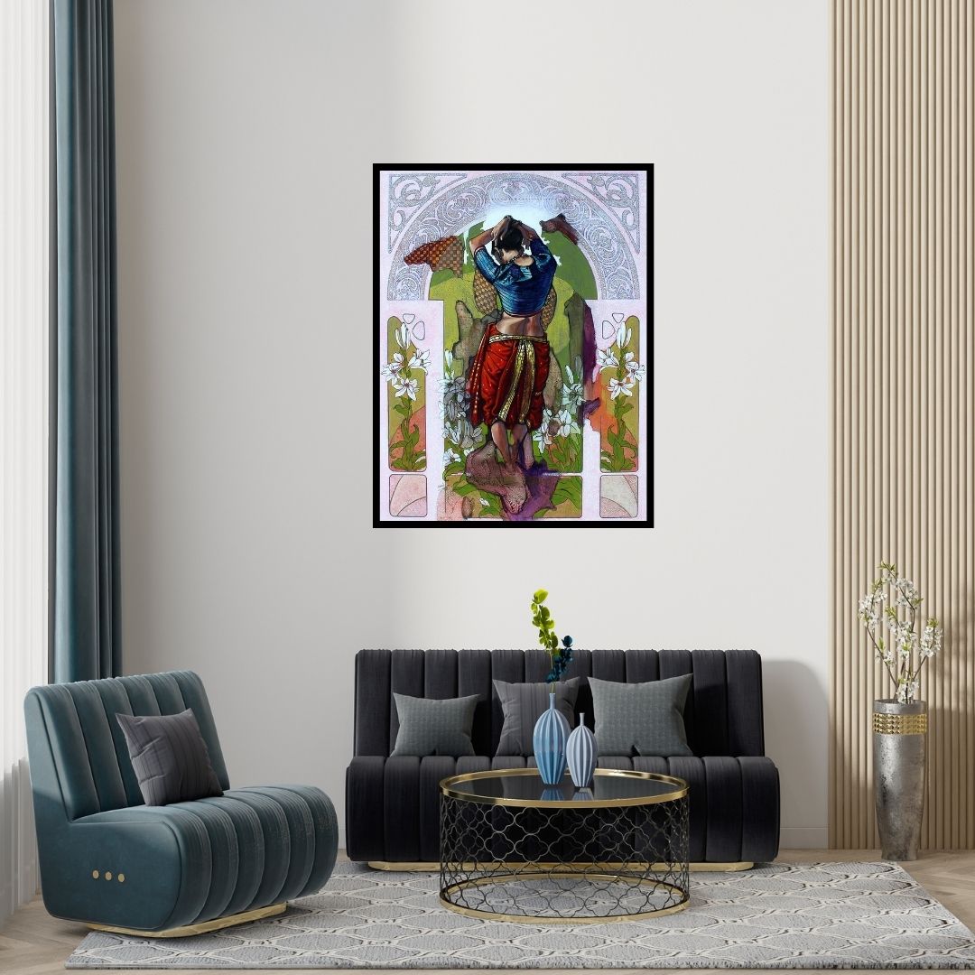 Preview of 'All Time Beauty 2 (Morning Ritual**)' Painting by Ramchandra Kharatmal shown on a wall in a furnished room.