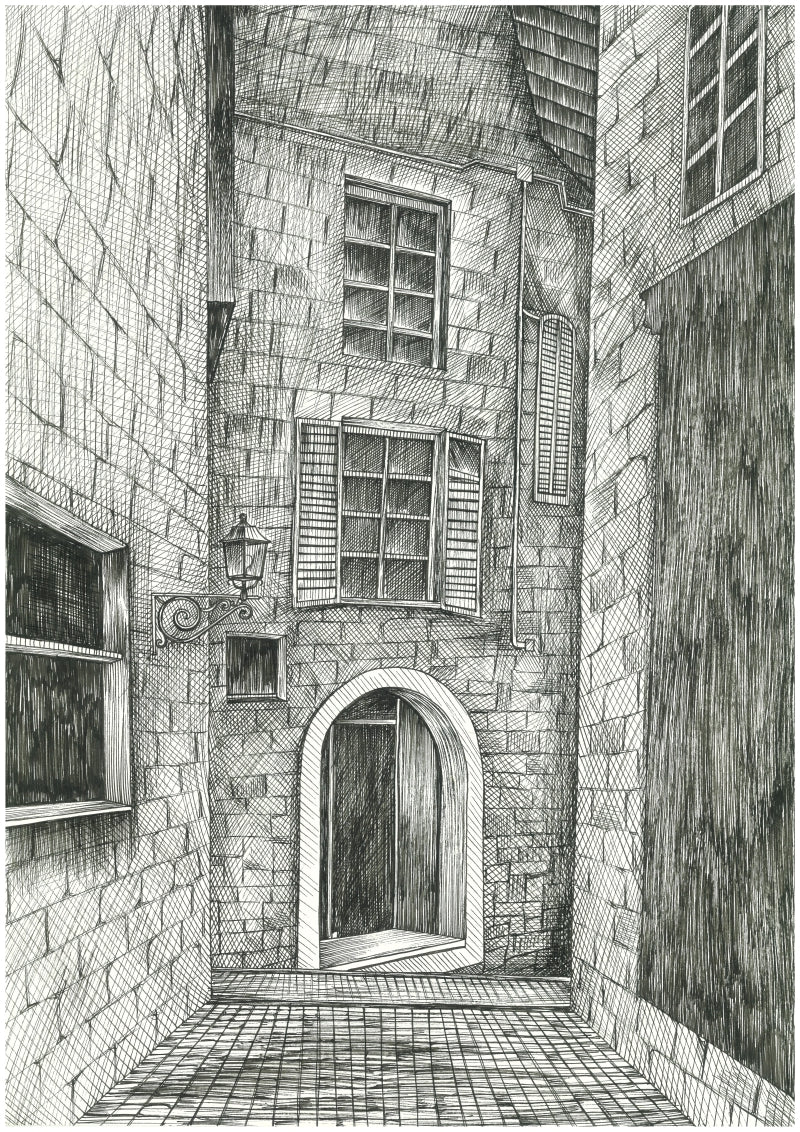 Alley' landscape mixed-media drawing by artist Ninoshka Dias, 17x12 inch, on paper