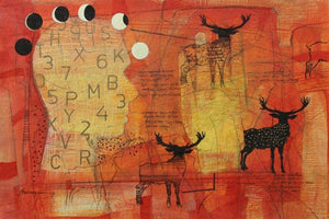 Almighty (Deer and Lunar Phases) by Shitangshu Mondal, Original Acrylic Animal Painting on Paper, Small Horizontal Wall Art