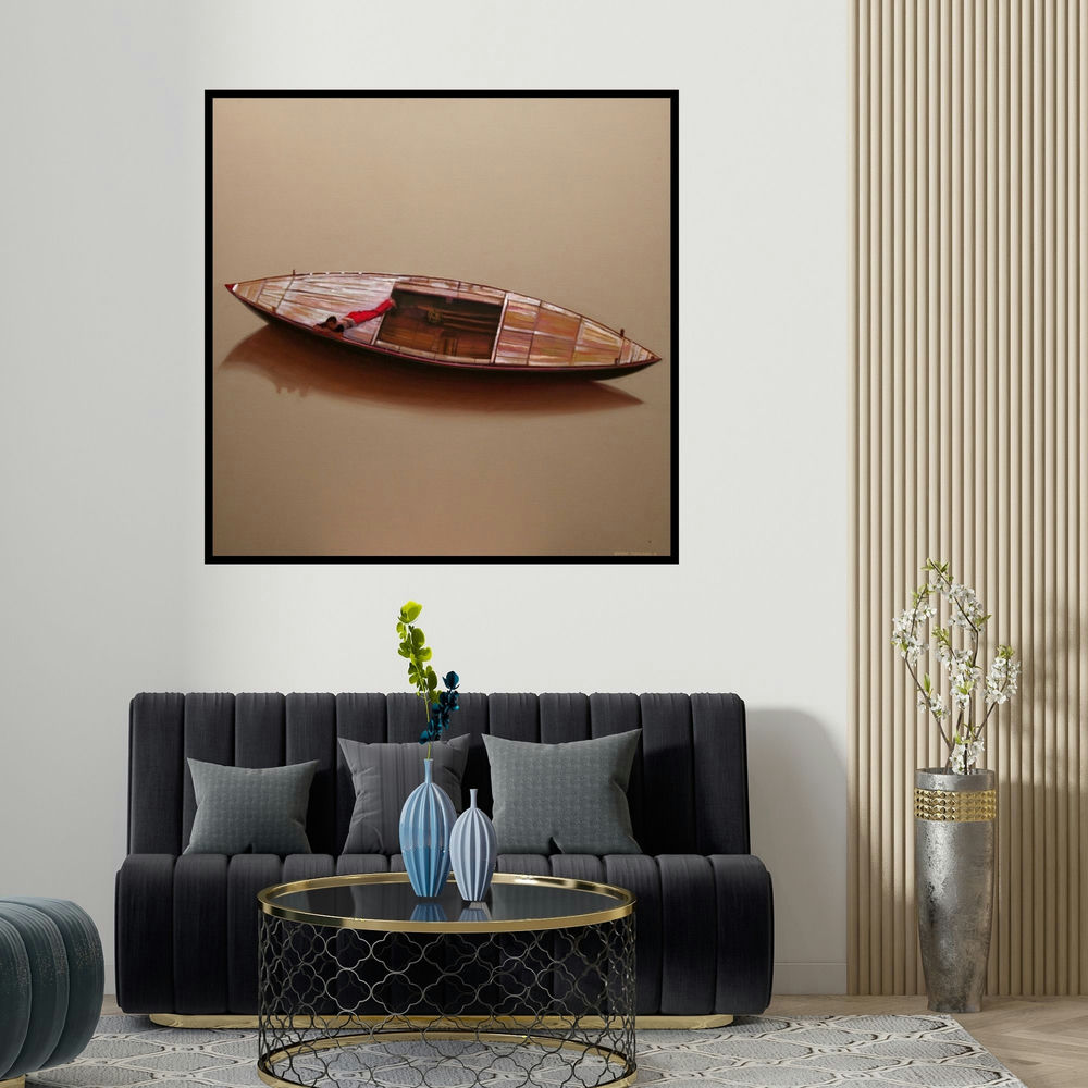 Vinayak Takalkar's 'Alone' painting visualized above a sofa in a contemporary room.