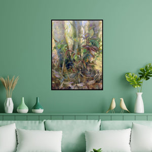 Preview of 'Alone In Peaceful Clutter (Woodland Harmony)' Painting by Shadab Kazi shown on a wall in a furnished room.