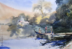 Ambala Lake (Lake Ambala) by Ghanshyam Dongarwar, Original Watercolor Landscape Painting on Paper, Small Horizontal Wall Art