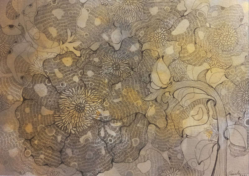 'Amber Dream' nature mixed-media painting by artist Yogesh Powale, 9x12 inch, on paper